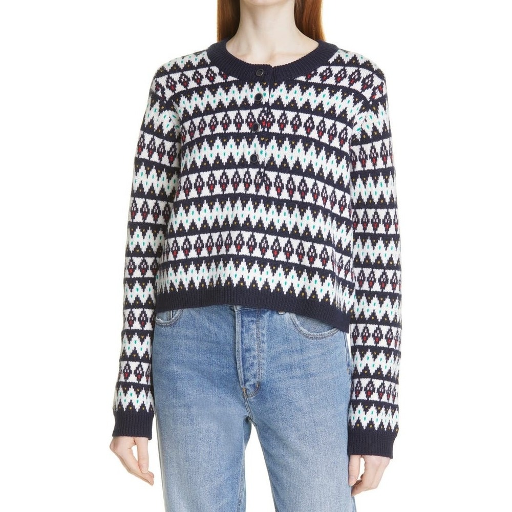 La Ligne Henley Sweater L Navy Blue Fair Isle Merino Wool Pullover